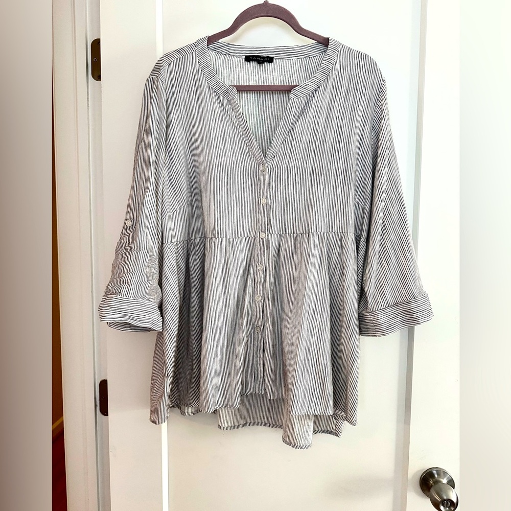 Tahari Striped Button-Up Tunic Style Blouse. Linen/Rayon Mix Size 1X